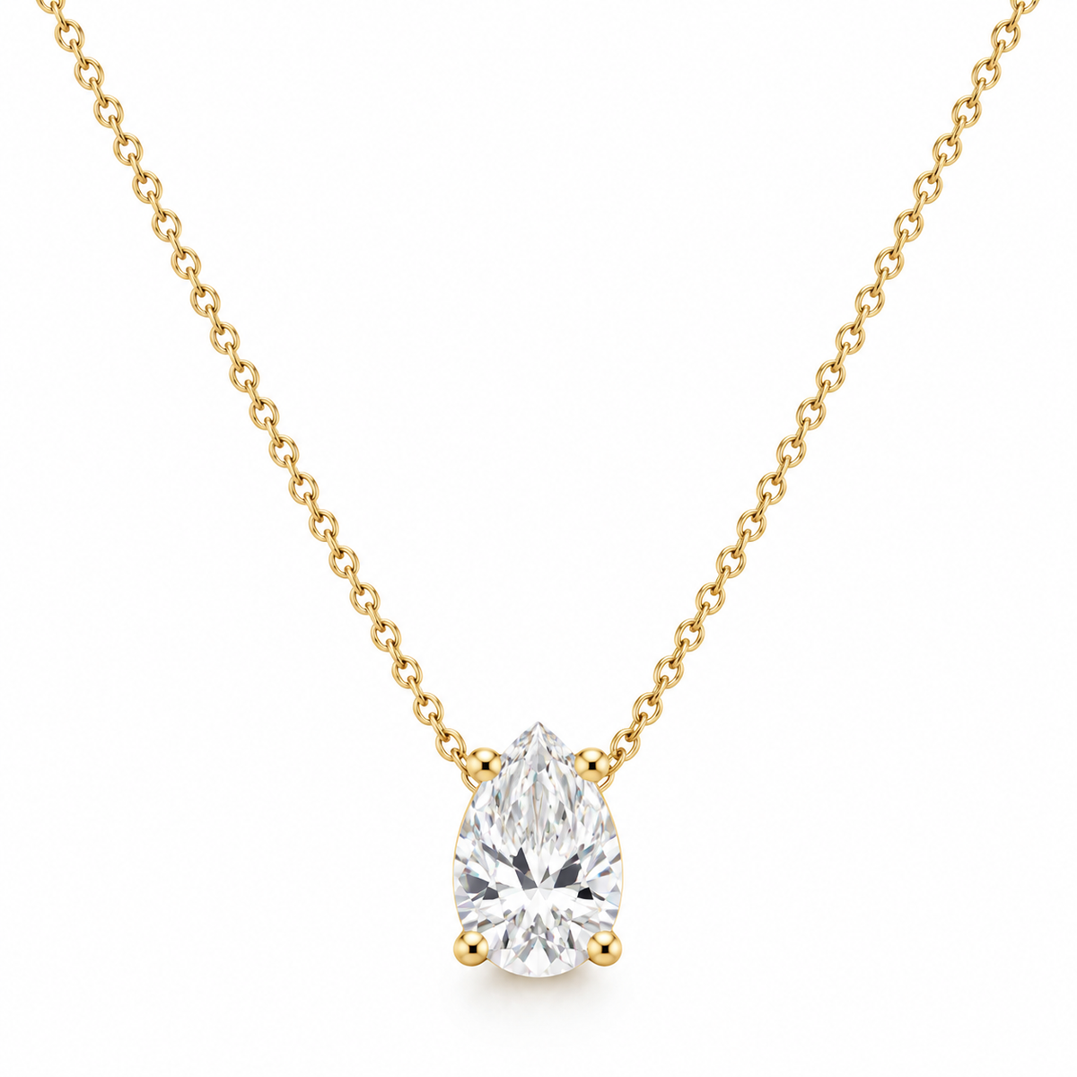 Gold pear-shaped solitaire pendant necklace with clear round stones and cable chain