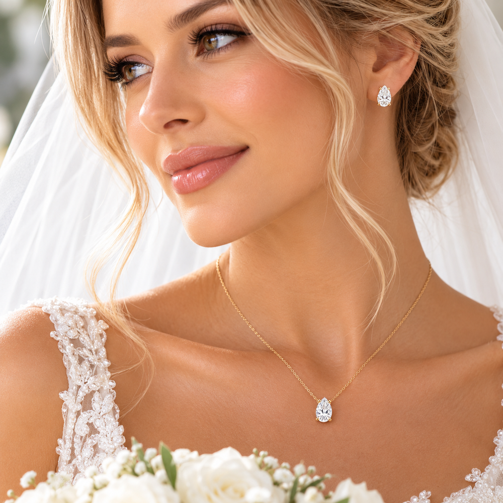 Pear solitaire necklace with teardrop pendant on fine gold chain