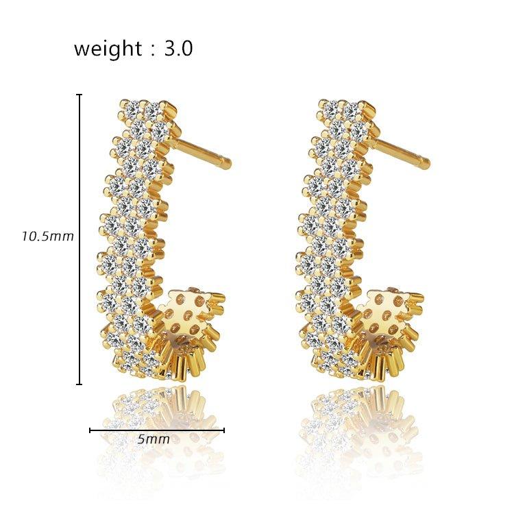 Gold J hoop cubic zirconia earrings with vertical row design and stud backing