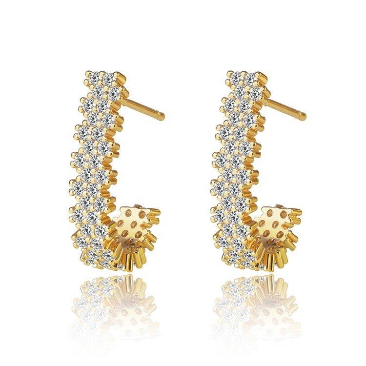 Gold J hoop earrings with sparkling cubic zirconia row and small dangling cluster