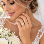 Gold-tone solitaire ring with prong-set oval center stone, worn on bridal hand