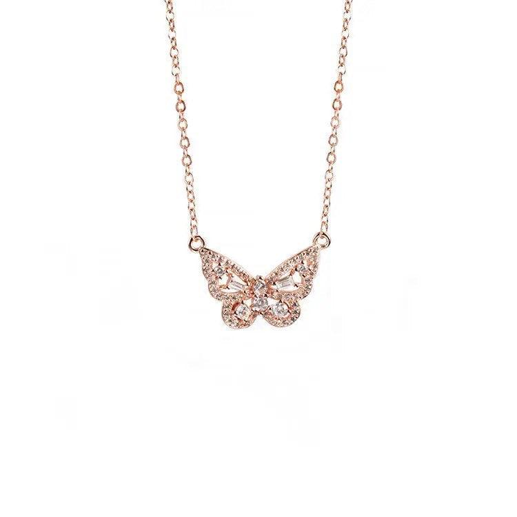 Butterfly pendant necklace with sparkling cubic zirconia stones, rose gold chain