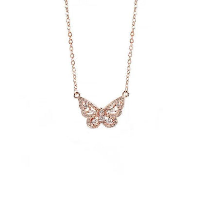Butterfly pendant necklace with sparkling cubic zirconia stones, rose gold chain