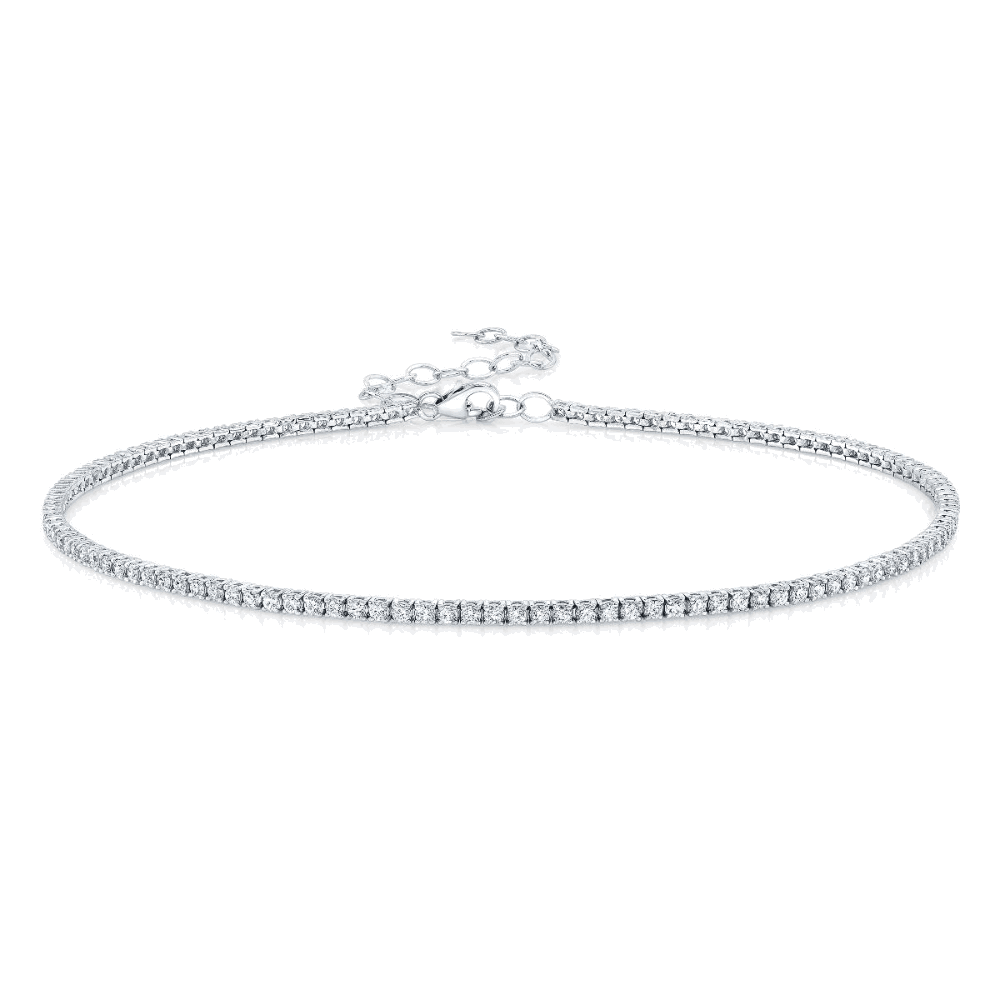Silver cubic zirconia tennis choker necklace with clasp at back and continuous stone row