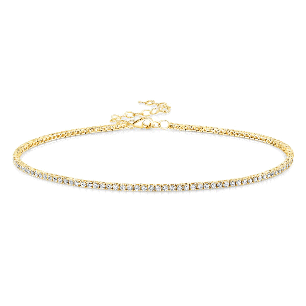 Gold cubic zirconia tennis choker necklace with clasp at back and continuous stone row