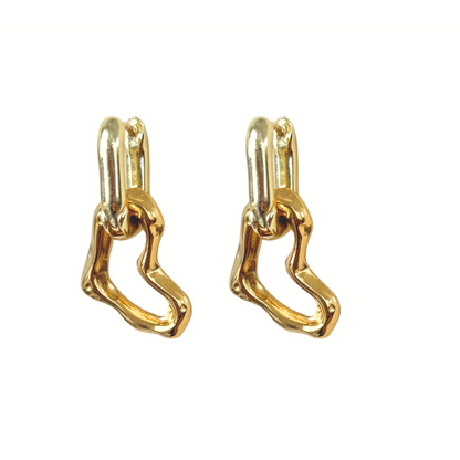 Gold link drop earrings with curved openwork shape and hinged hoop top.
