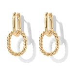 Gold link drop earrings with circular rope-texture ring and hinged top hoops.