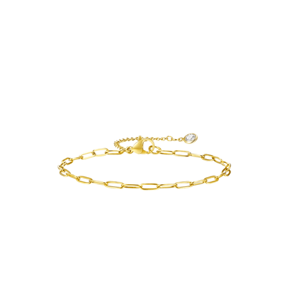 Gold paperclip link bracelet with round bezel-set stone and clasp closure
