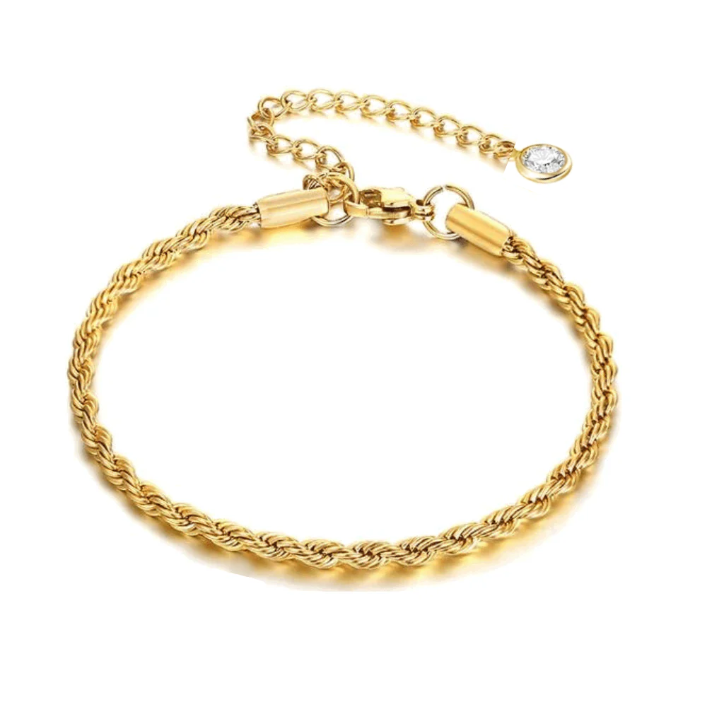 Gold rope bracelet with twist links, round charm and lobster clasp