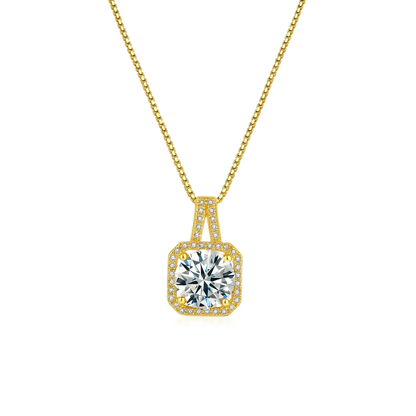 Gold halo pendant necklace with round center stone and diamond-like accents
