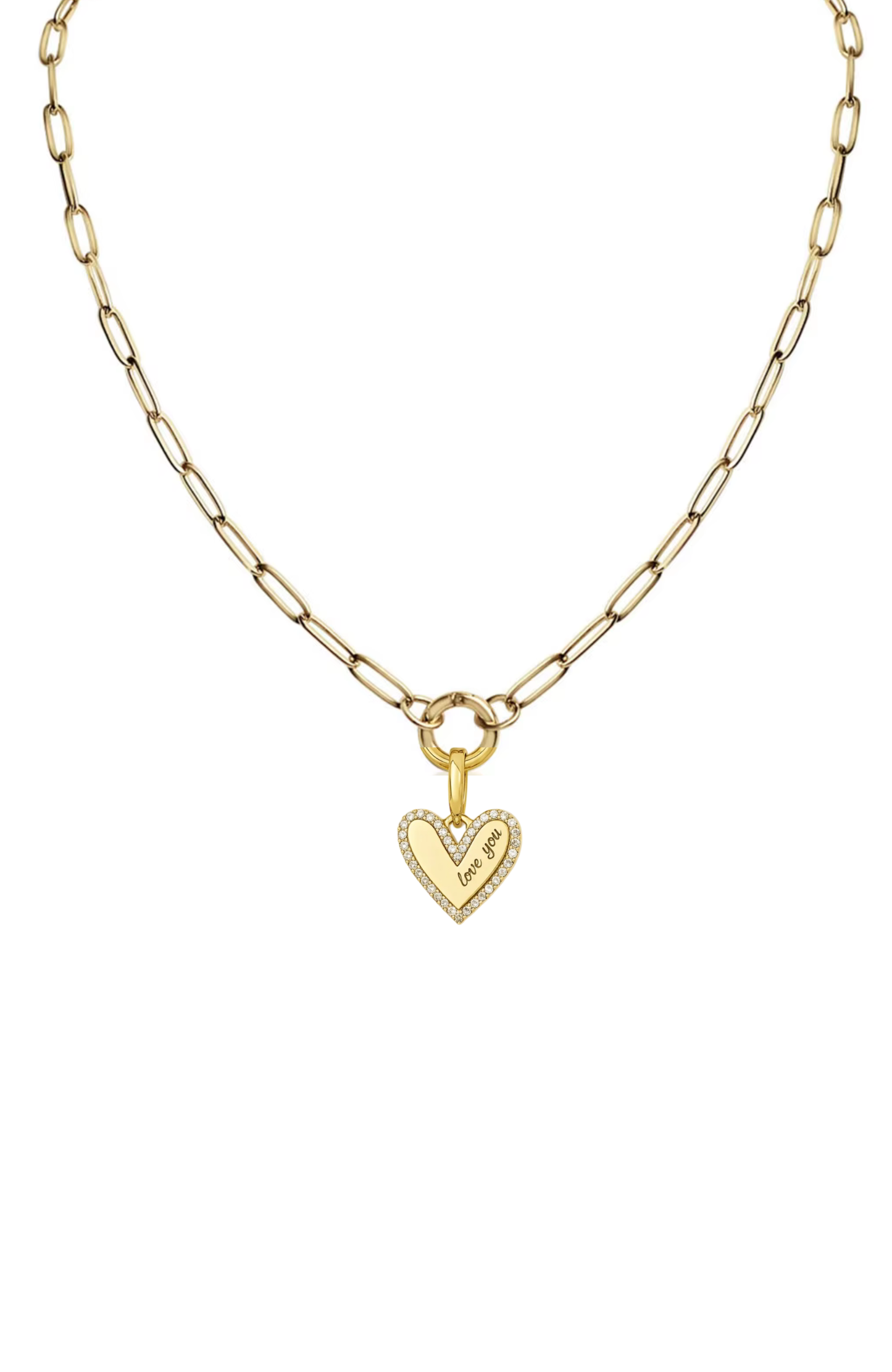 Gold curb-link heart pendant necklace with small dangling heart charm