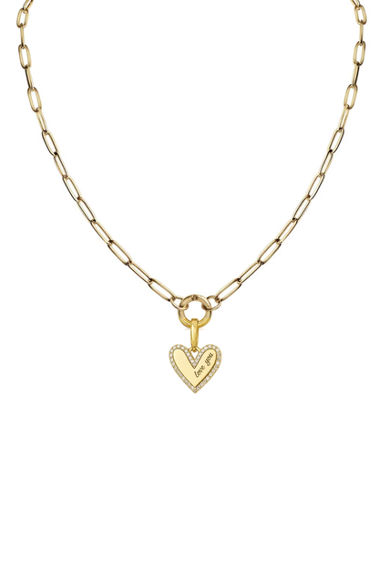 Gold curb-link heart pendant necklace with small dangling heart charm