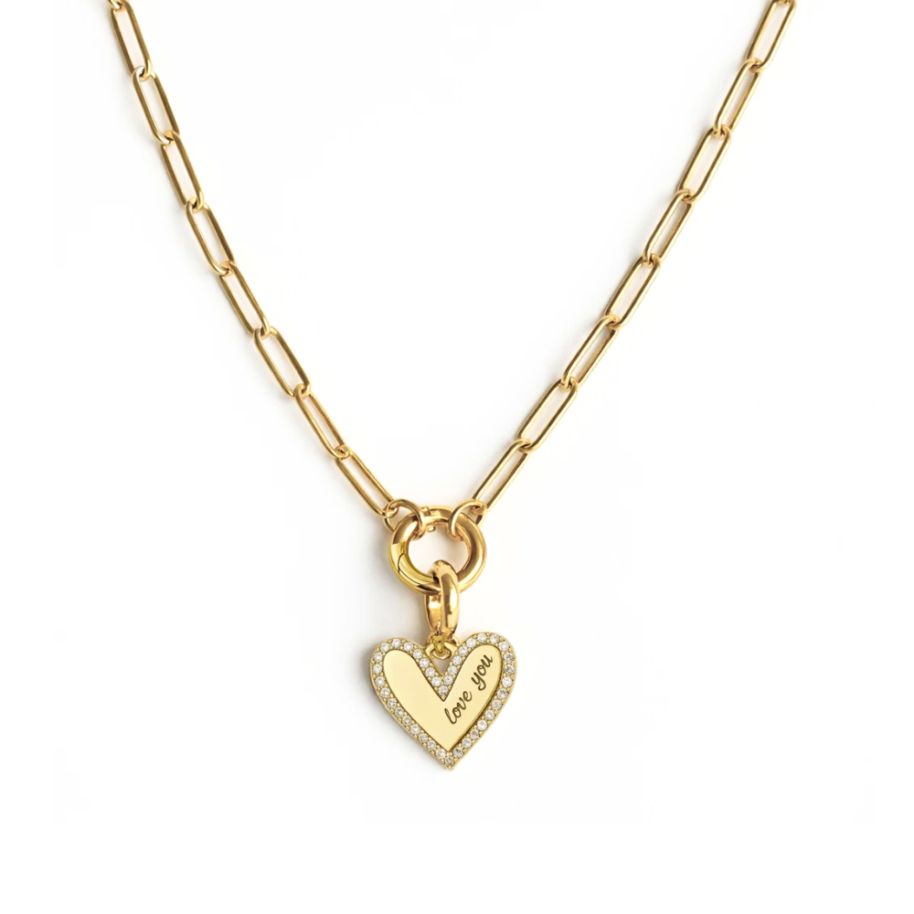 Gold heart necklace with pavé heart pendant and "love you" engraving