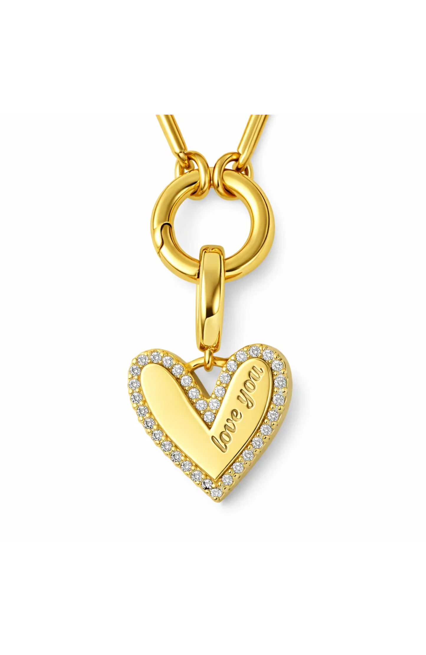 Gold heart pendant necklace with pavé stones and engraved "love you" charm