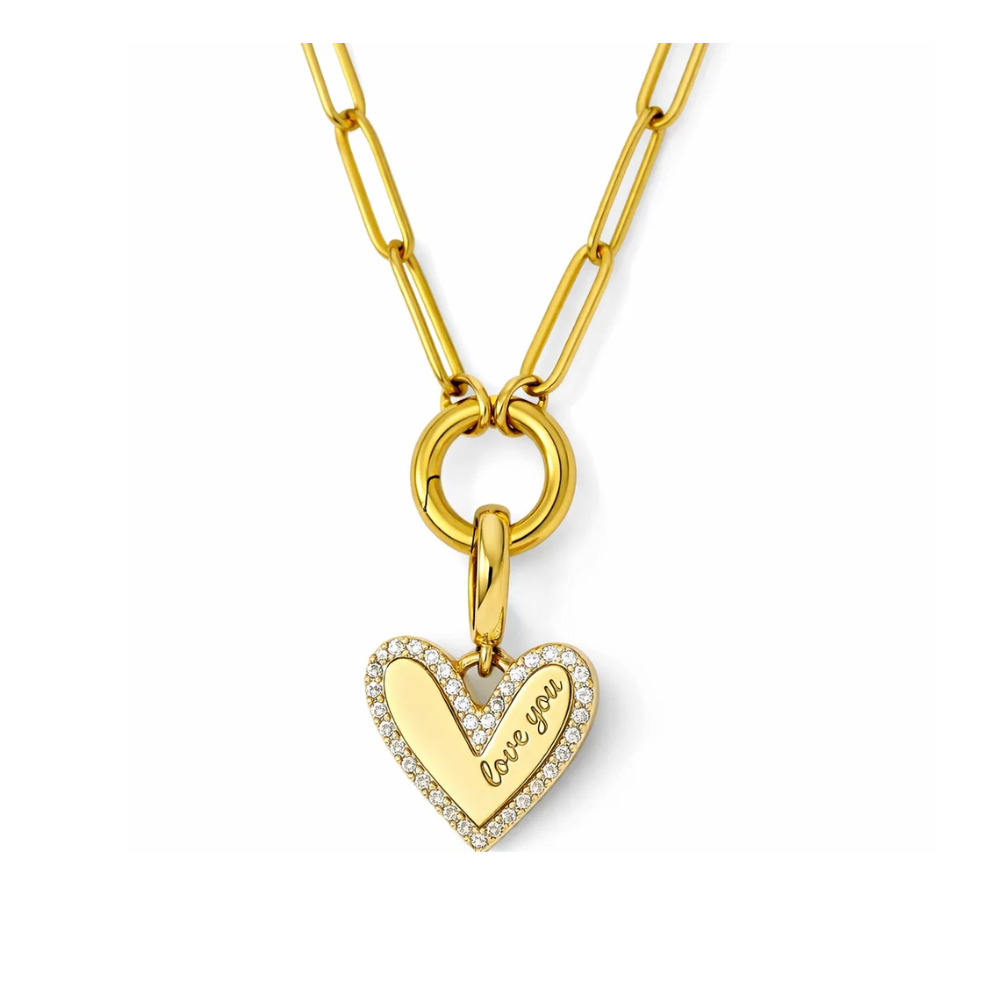 Gold necklace with pavé heart pendant and "Love you" engraving