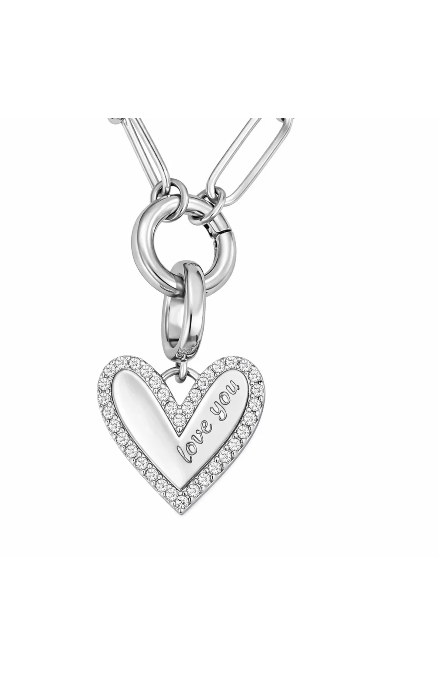 Silver pavé heart necklace pendant with "Love You" inscription