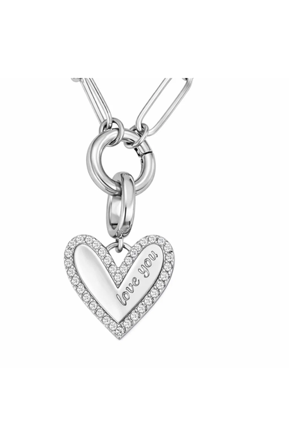 Silver pavé heart necklace pendant with "Love You" inscription