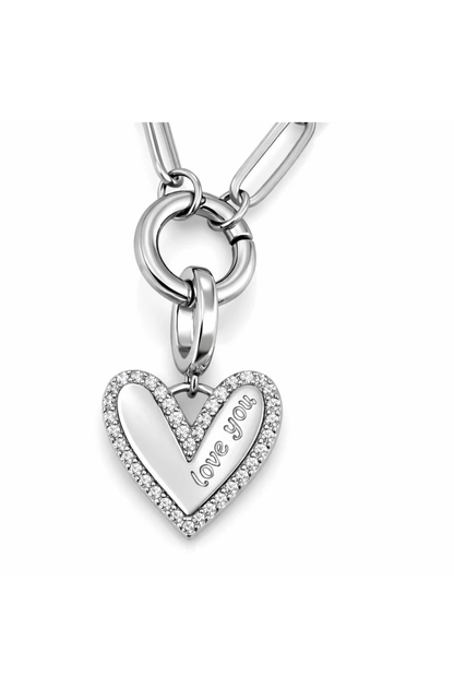 Silver pavé heart necklace with 'love you' pendant