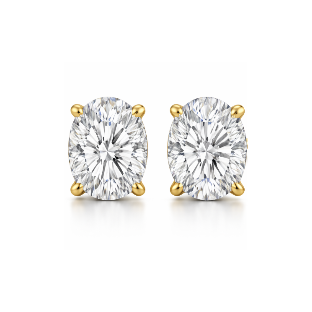 Gold oval-cut moissanite stud earrings, front view with prong-set stone