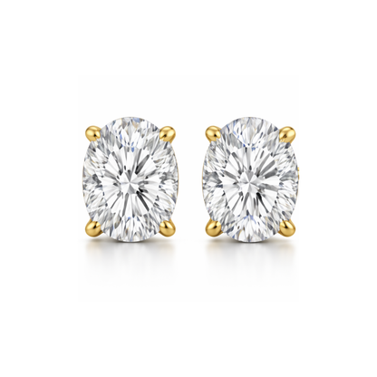 Gold oval-cut moissanite stud earrings, front view with prong-set stone