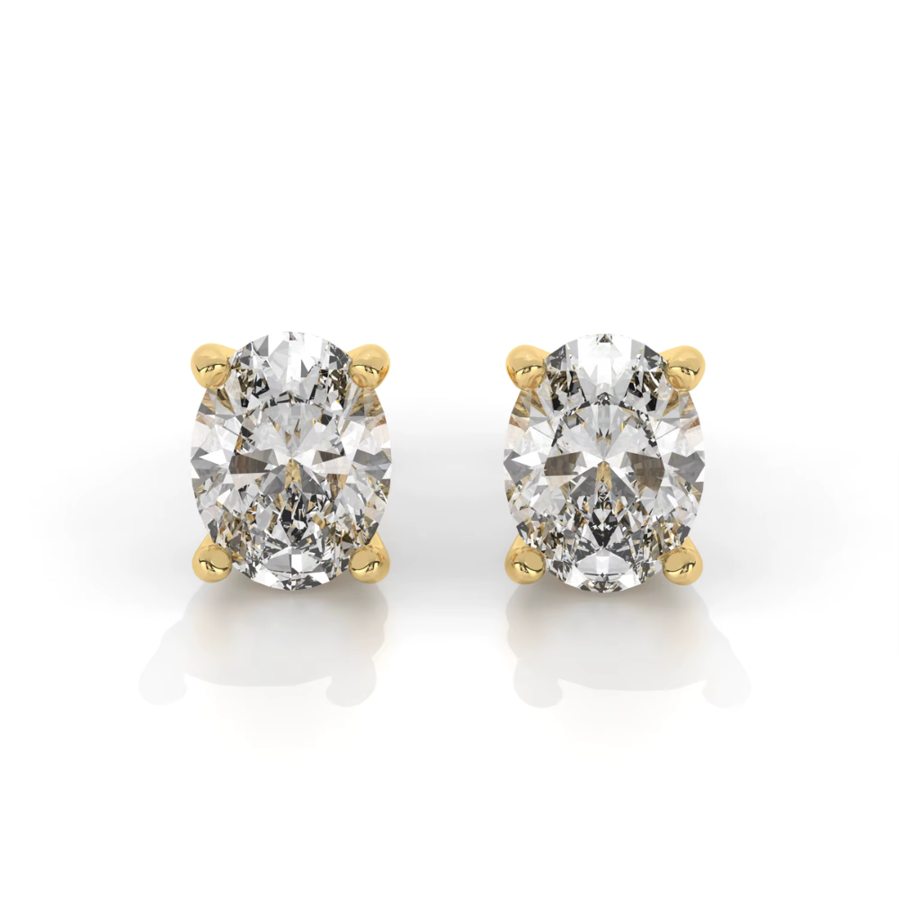 Gold oval-cut moissanite stud earrings, front view with prongs and facets