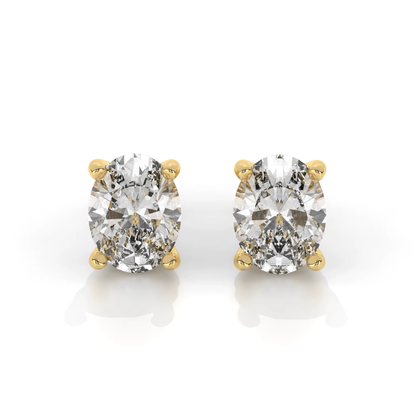 Gold oval-cut moissanite stud earrings, front view with prongs and facets