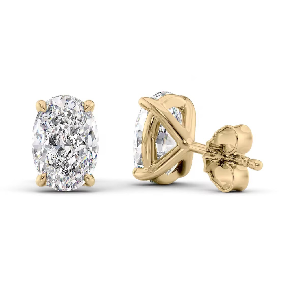 Gold oval-cut moissanite stud earrings, side view showing post and backing