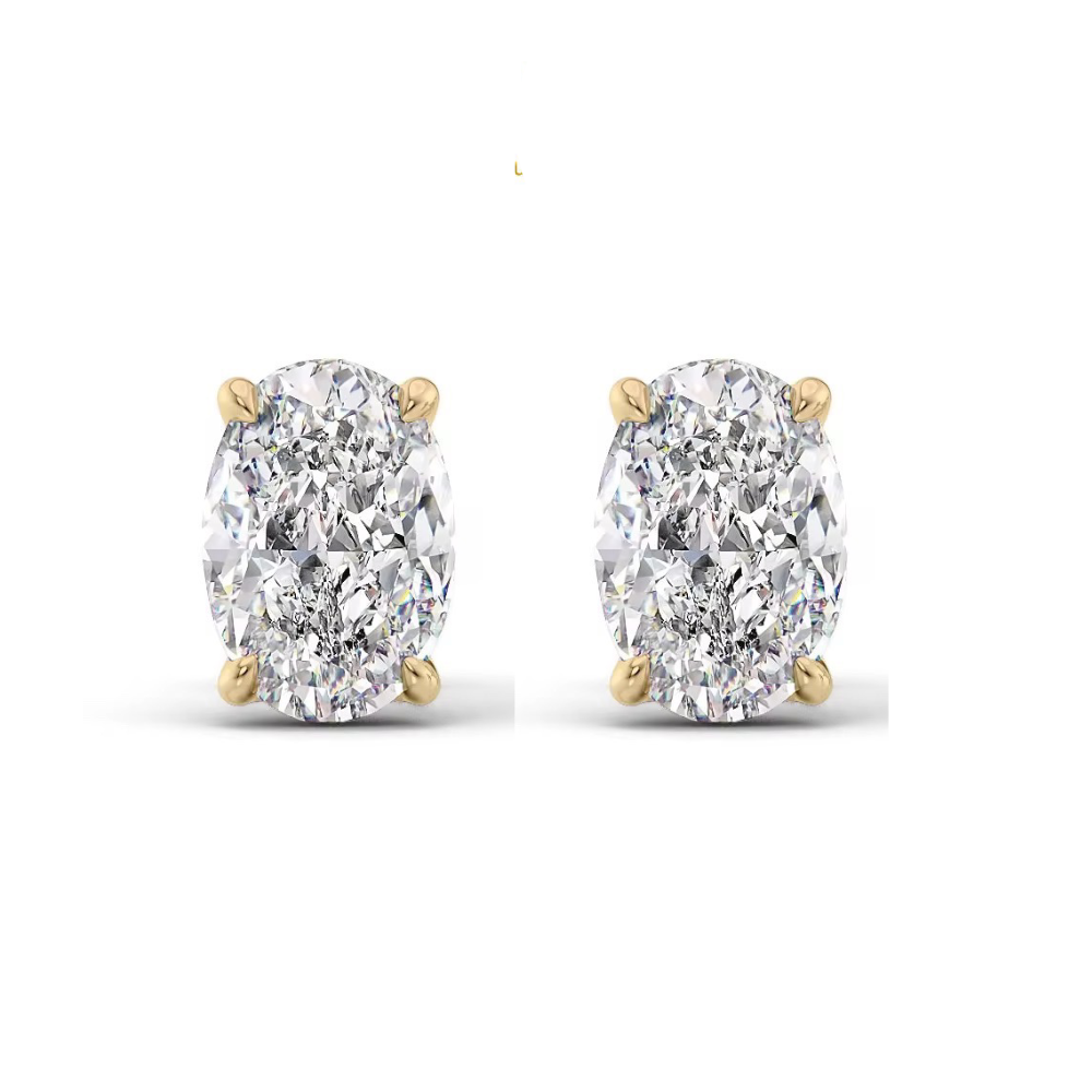 Gold oval-cut moissanite stud earrings with four-prong setting and sparkle