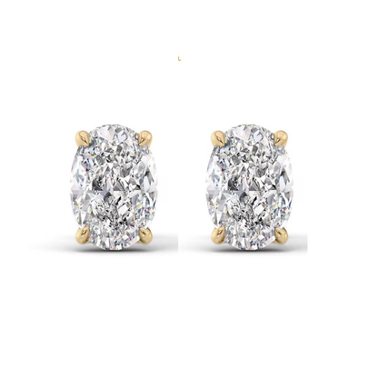 Gold oval-cut moissanite stud earrings with four-prong setting and sparkle