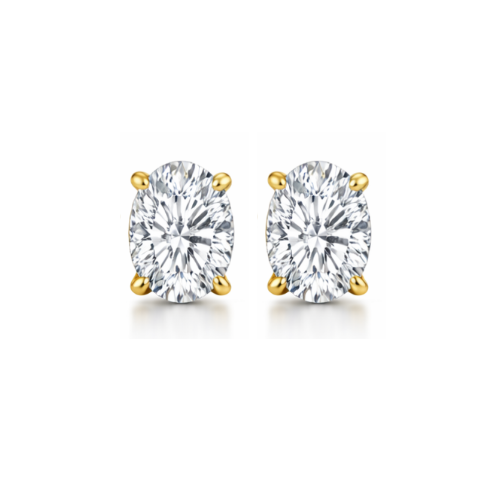Gold oval-cut moissanite stud earrings with prong-set round facets