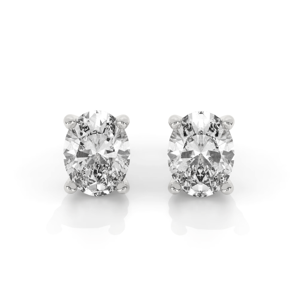 Silver oval-cut moissanite stud earrings, close front view with bezel prongs