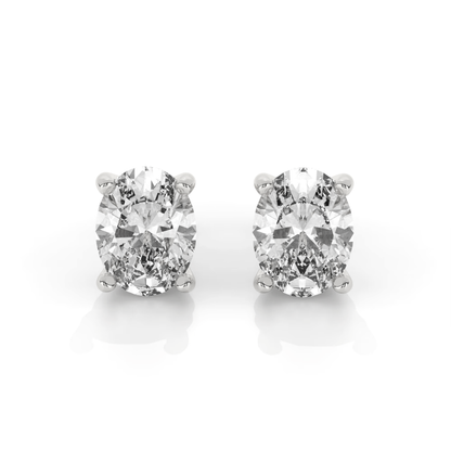 Silver oval-cut moissanite stud earrings, close front view with bezel prongs