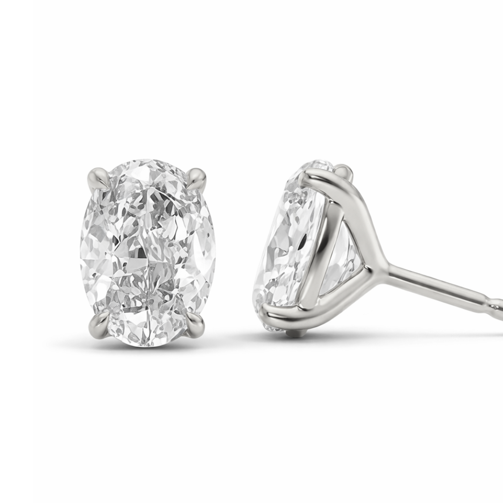 Silver oval-cut moissanite stud earrings, side view showing post and back