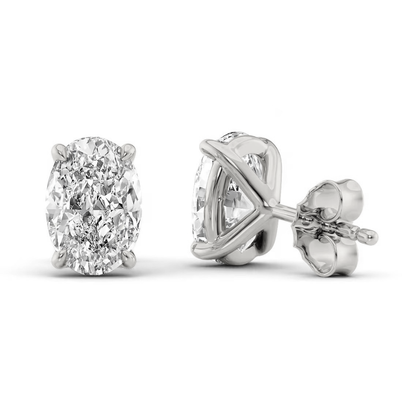 Silver oval-cut moissanite stud earrings, side view showing post and backing