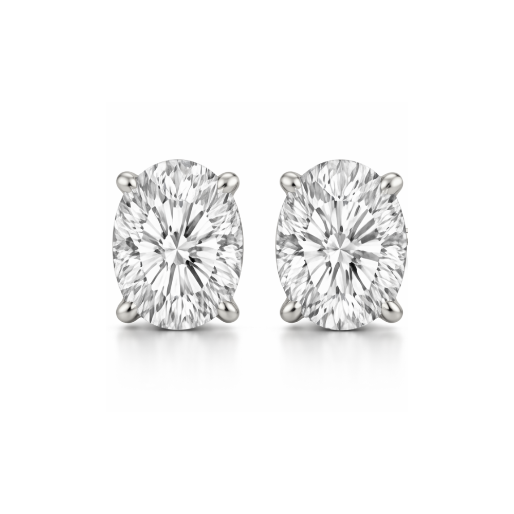 Silver oval-cut moissanite stud earrings, visible front view with prongs