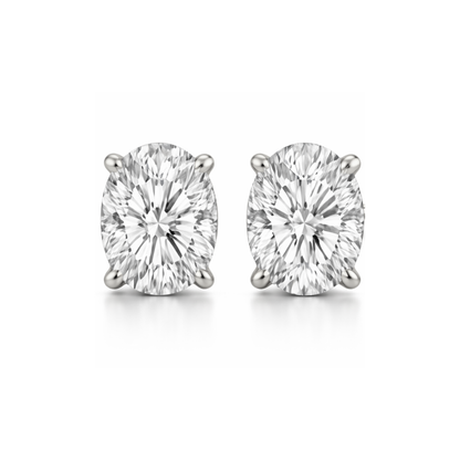 Silver oval-cut moissanite stud earrings, visible front view with prongs