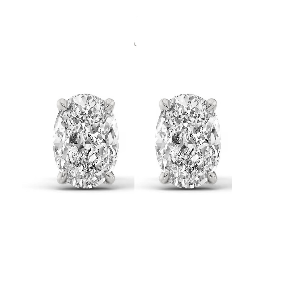 Silver oval-cut moissanite stud earrings with prong-set sparkling center