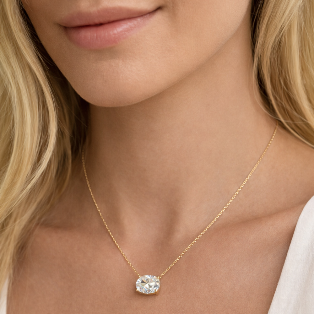 Gold vermeil oval-cut solitaire necklace with bezel-set moissanite pendant on fine chain