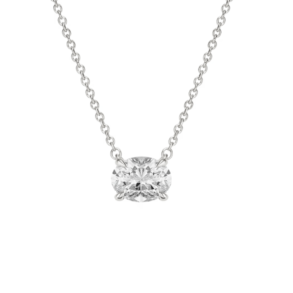 Silver-toned oval-cut solitaire moissanite necklace with bezel-set pendant and linked chain