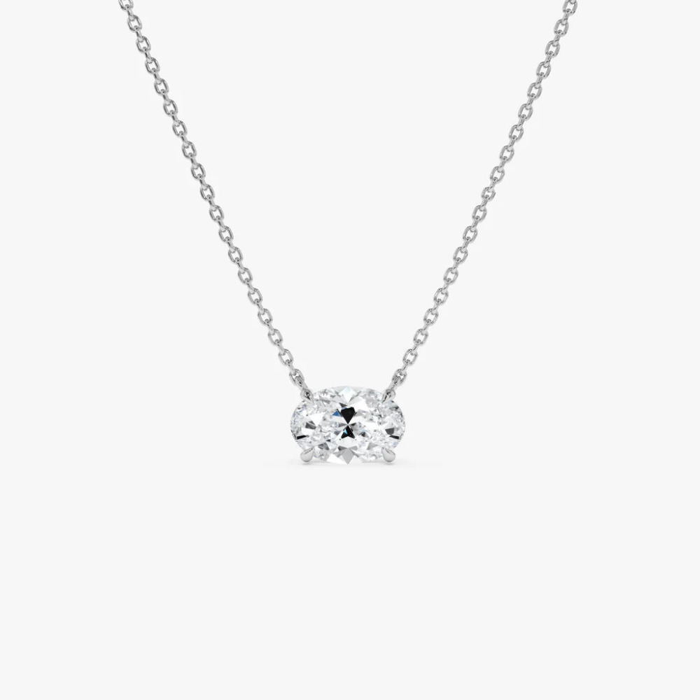 Silver-toned oval-cut solitaire moissanite necklace with bezel-set pendant and round-link chain