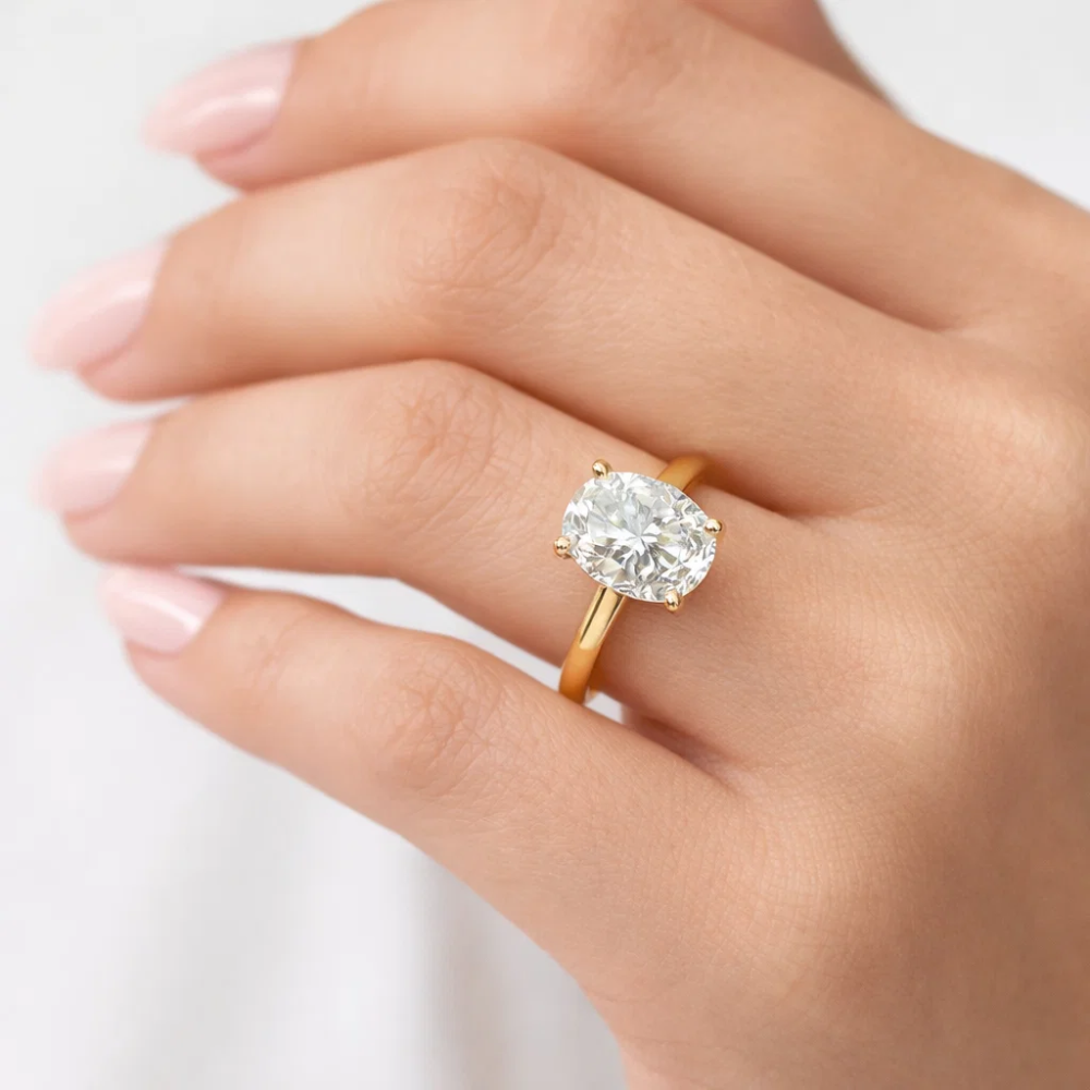 Gold oval-cut solitaire ring on finger with four-prong setting