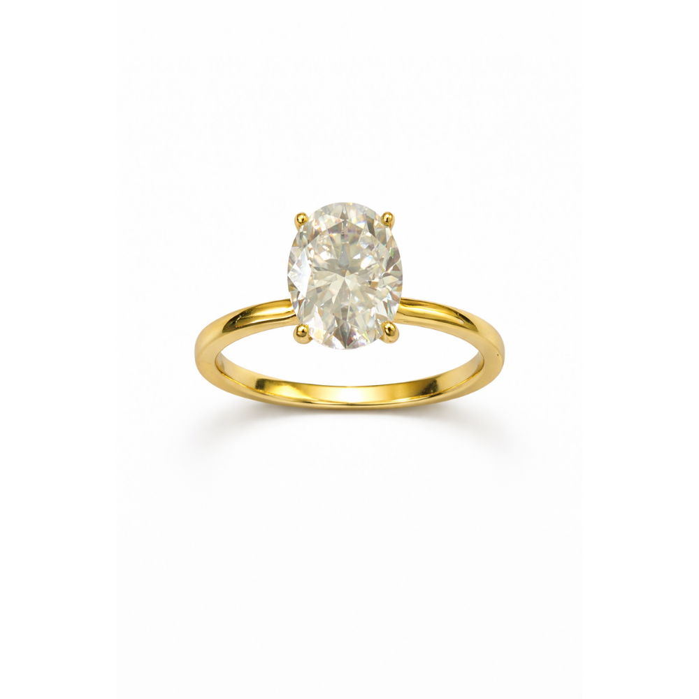 Gold oval-cut solitaire ring with four-prong setting