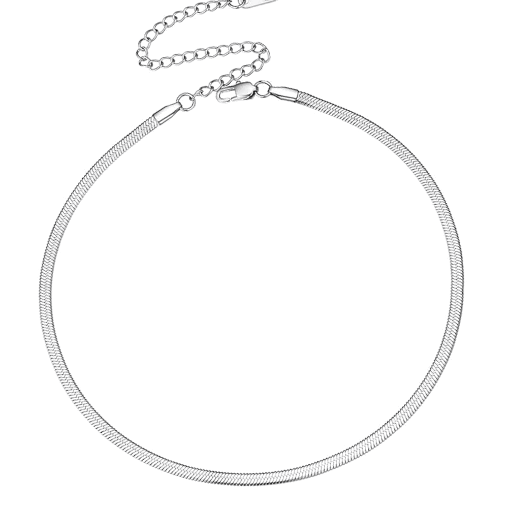 Silver snake chain necklace, flat lay view with clasp and chain loop