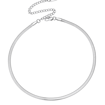 Silver snake chain necklace, flat lay view with clasp and chain loop