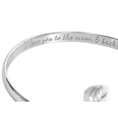 Silver engraved bracelet band with moon-heart motif and message text detail