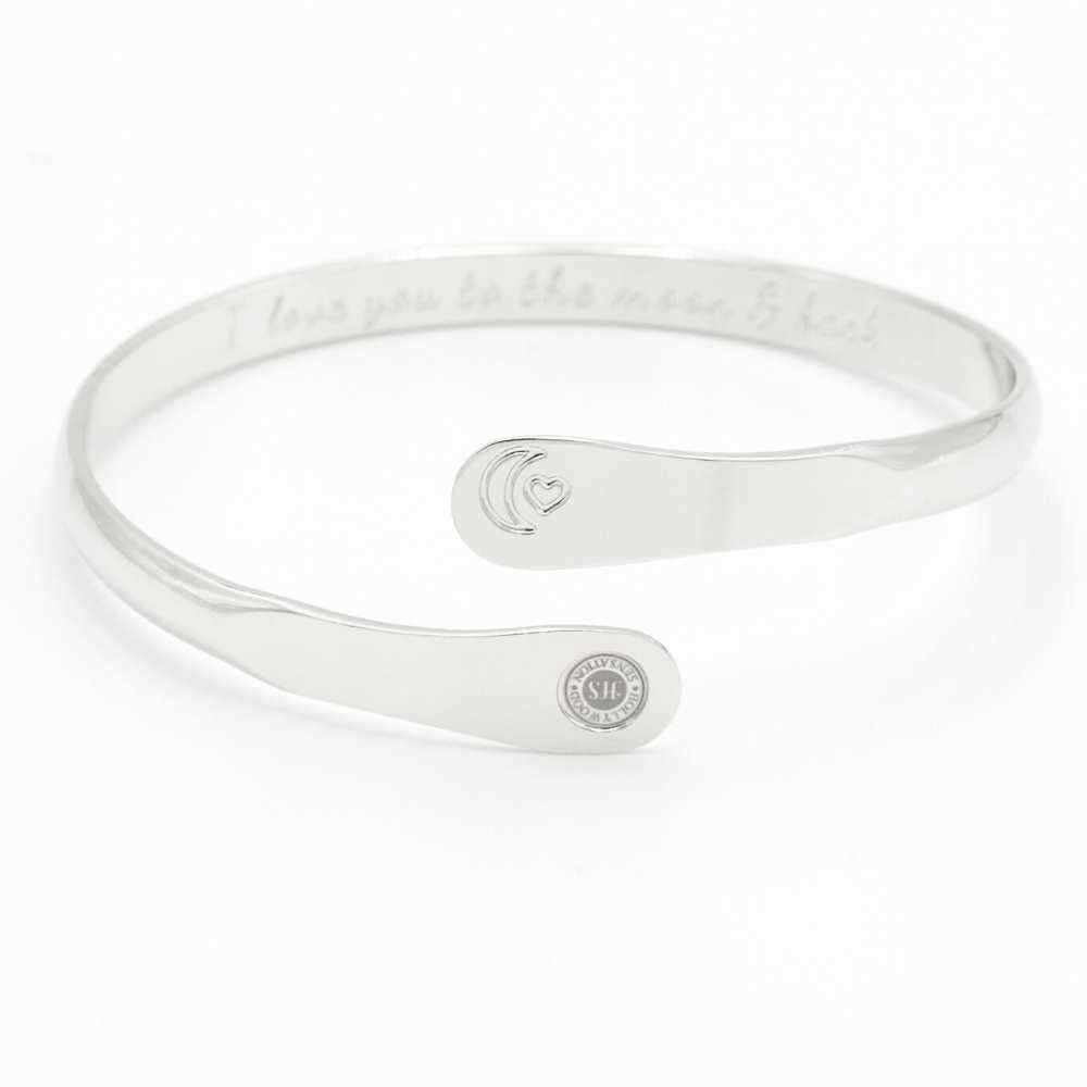 Silver engraved moon and heart cuff bracelet with small round charm plate
