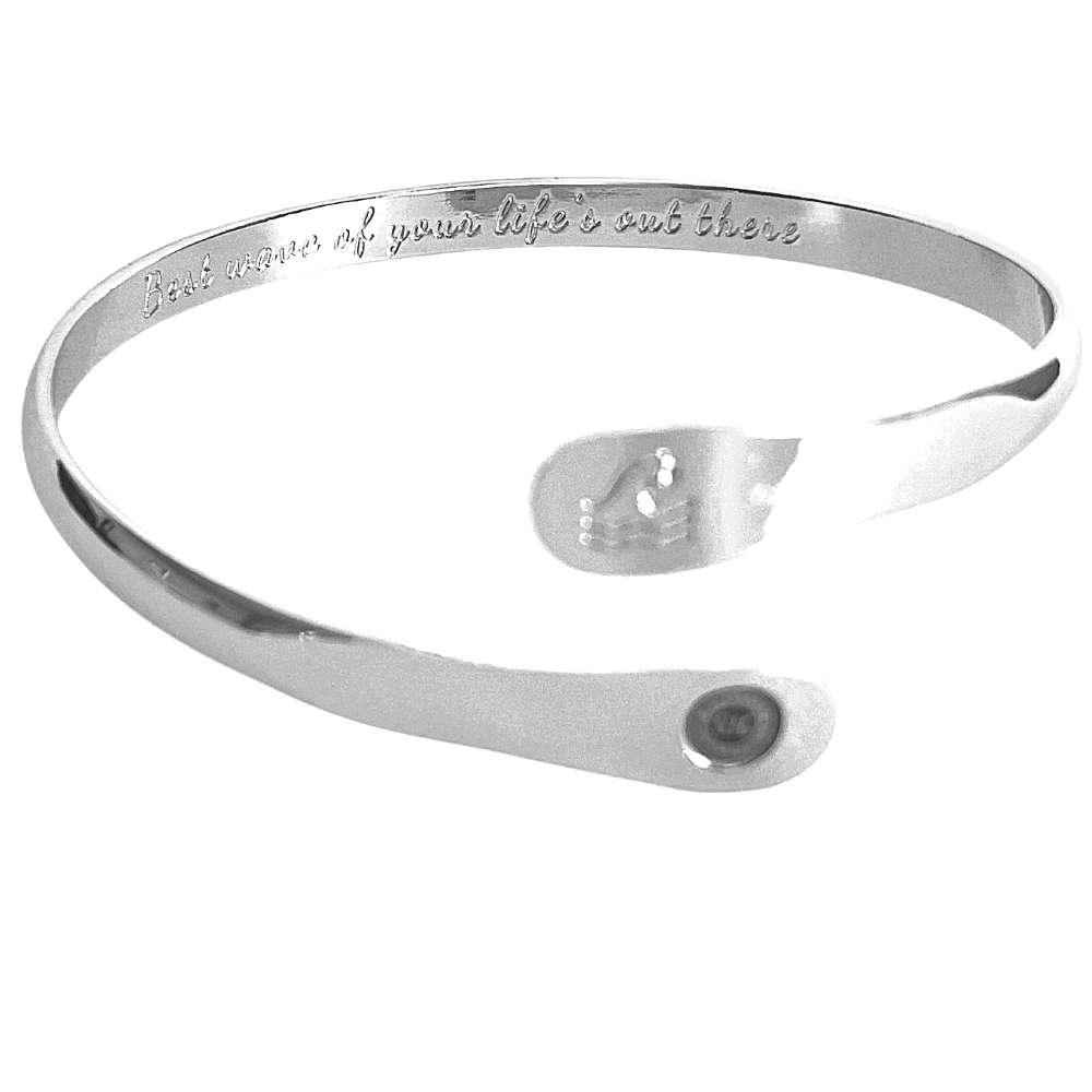 Silver wave engraved cuff bracelet with inner motto text and round side logo