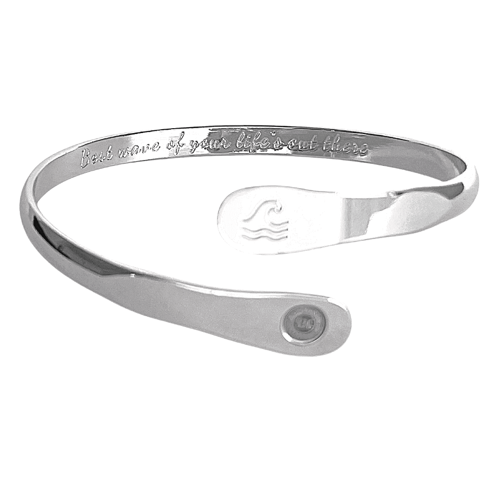 Silver wave engraved cuff bracelet with wave emblem and circular side logo detail