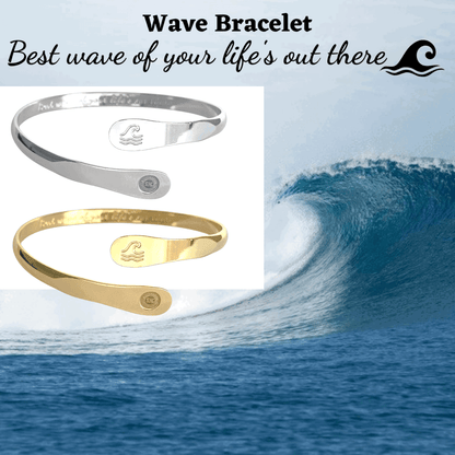 Wave-engraved cuff bracelet set in silver and gold with wave emblems and logo discs.