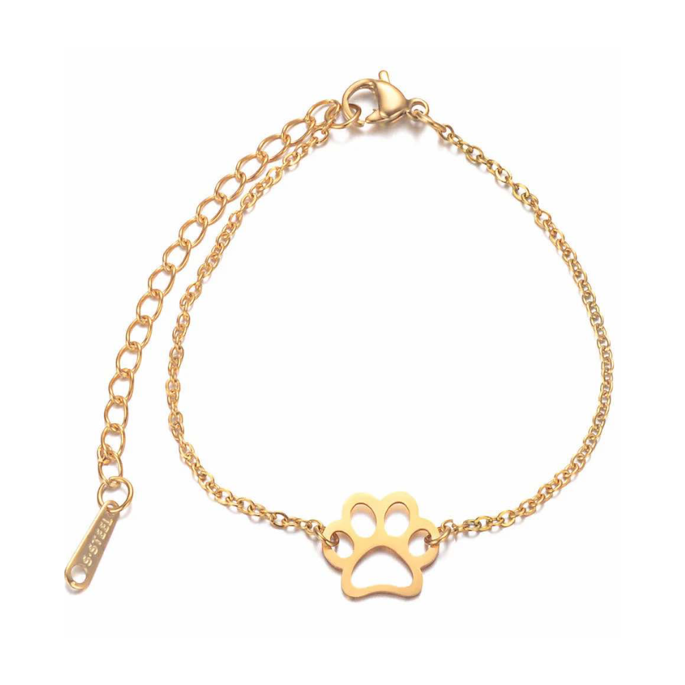 Gold link chain charm bracelet with paw print charm and adjustable clasp